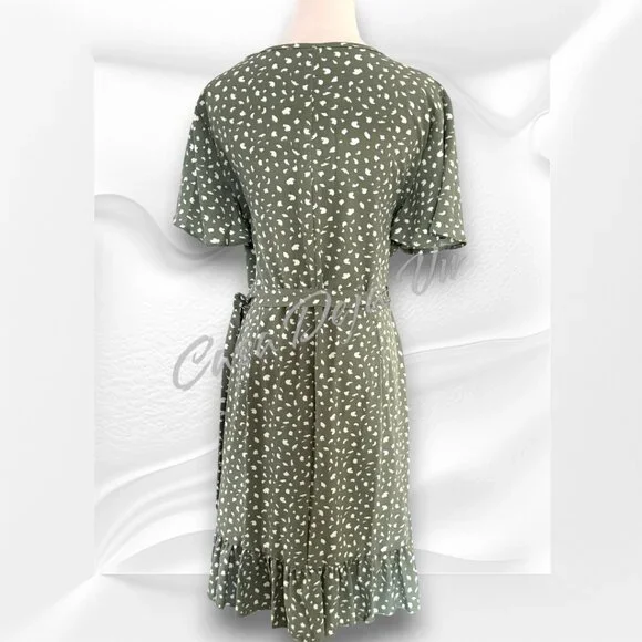 Ready for Spring Light Airy V Neck Wrap Midi Patterned Sage Ruffle Drop Dress - Picture 9 of 13